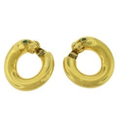 Cartier "Panthère de Cartier" Vintage Yellow Gold Emerald Panther Hoop Earrings