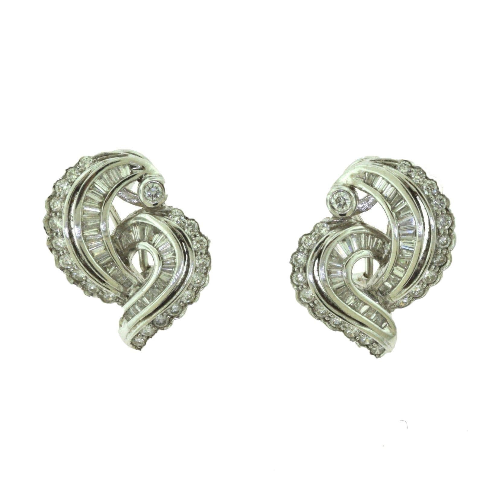 MBV Signed Round and Baguette Diamond Swirl Cocktail Earrings, 1940s For Sale