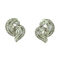 MBV Signed Round and Baguette Diamond Swirl Cocktail Earrings, 1940s