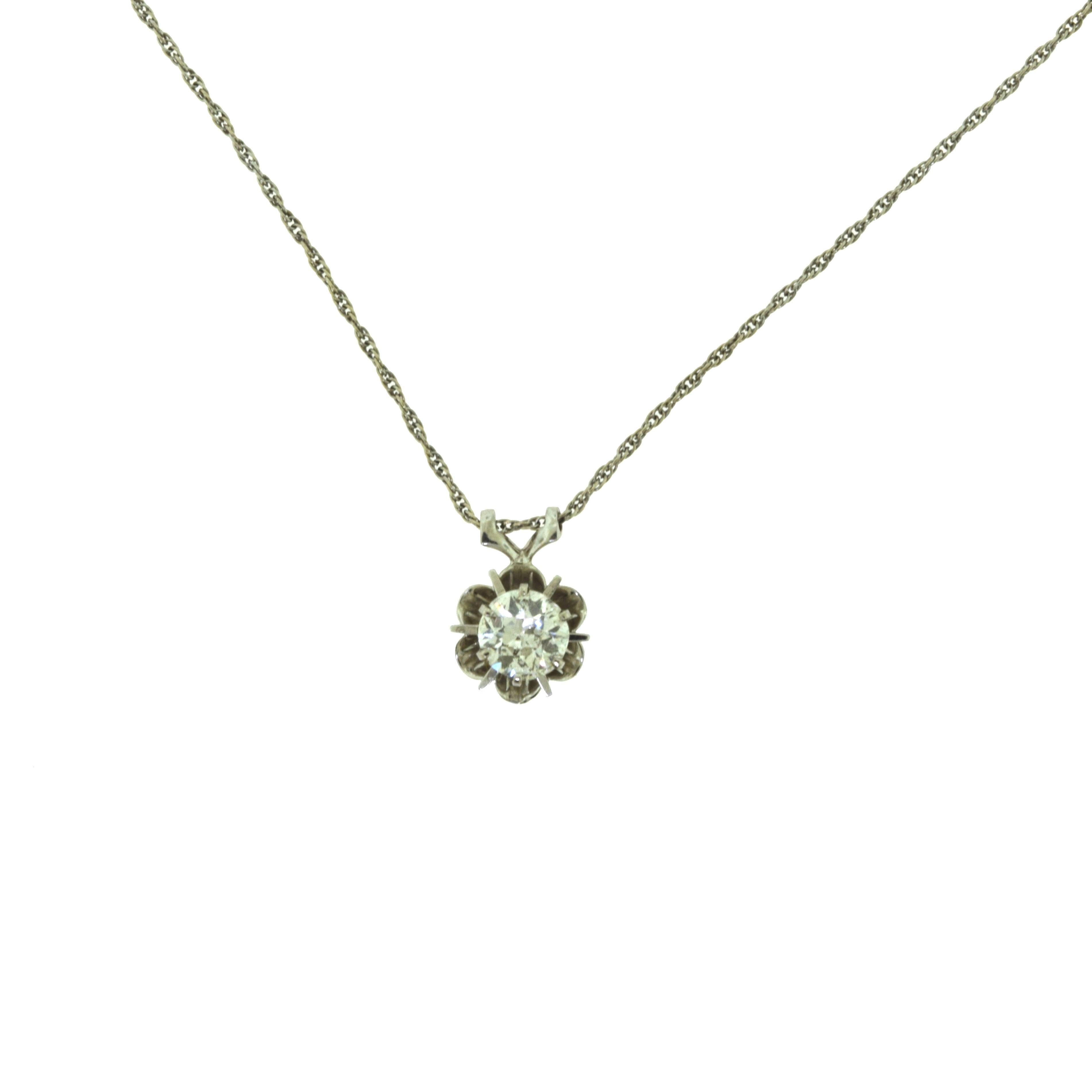 Round Cut Vintage Solitaire Diamond White Gold Flower Pendant Necklace For Sale