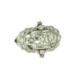 Antique Round and Baguette Diamond Cluster White Gold 18k Ring