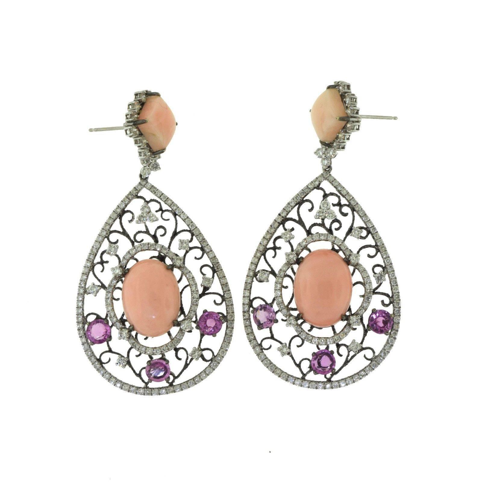 Large Natural Pink Coral Sapphire Diamond Filigree White Gold Dangle Earrings For Sale