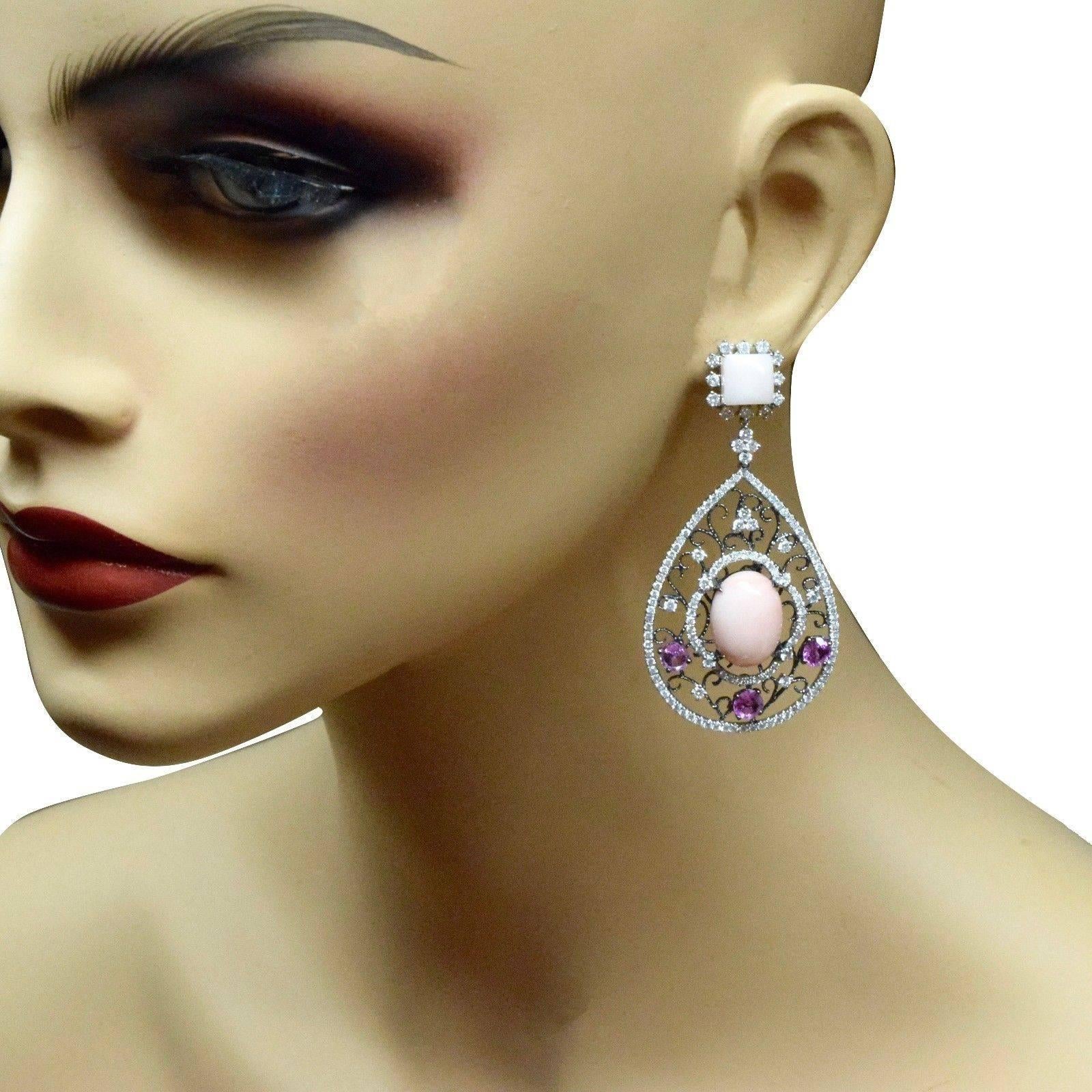 Women's Large Natural Pink Coral Sapphire Diamond Filigree White Gold Dangle Earrings For Sale