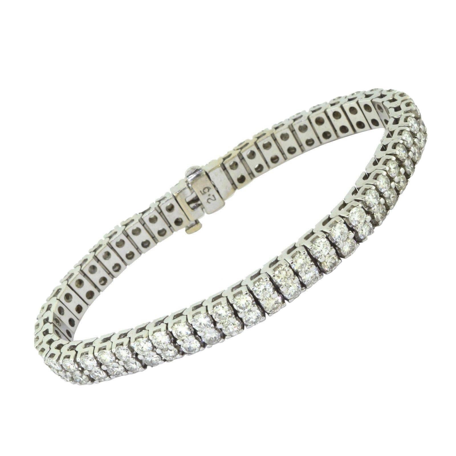 Two Row Brilliant Diamond Line Tennis Bracelet in 18k White Gold 13 Total Carats For Sale