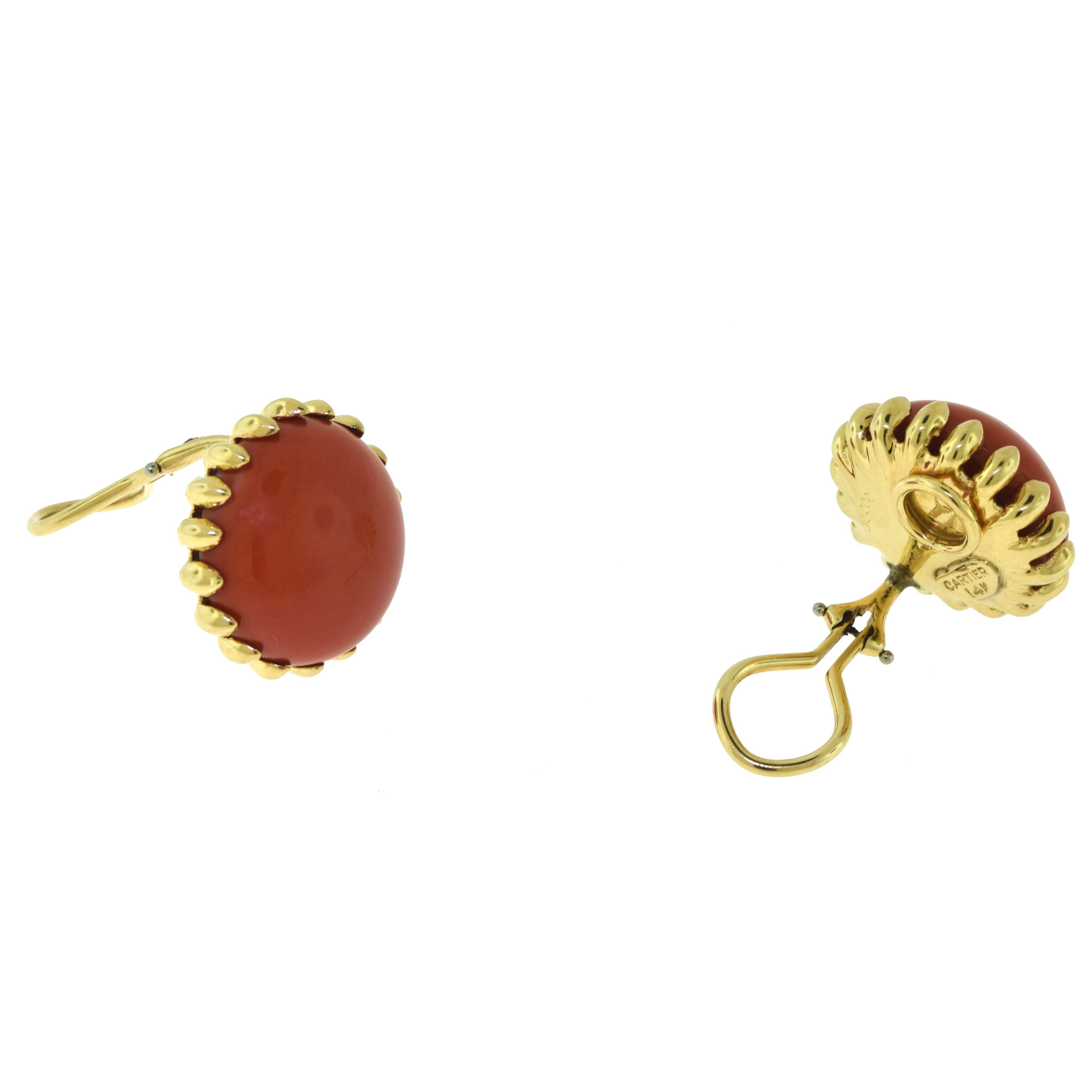 Cartier Natural Red Coral Clip On Earrings in 18 Karat Yellow Gold For Sale 1
