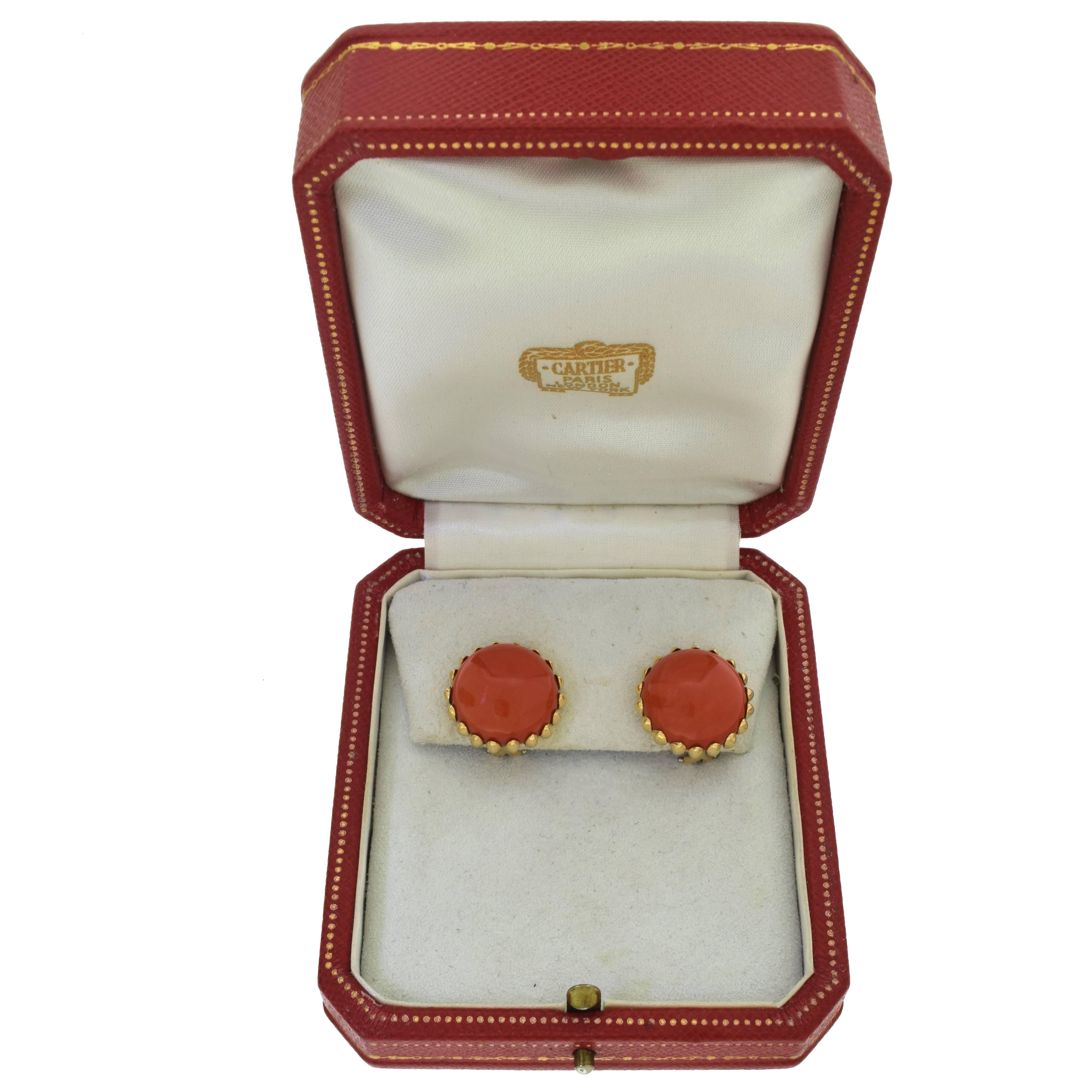 This is a magnificent pair of antique Cartier clip on earrings crafted in 14k yellow gold with two large beautiful natural red coral to accent the beauty of your ears. Antique from the 1950's.


Red Coral Diameter: 20 mm
Total Item Weight (g):