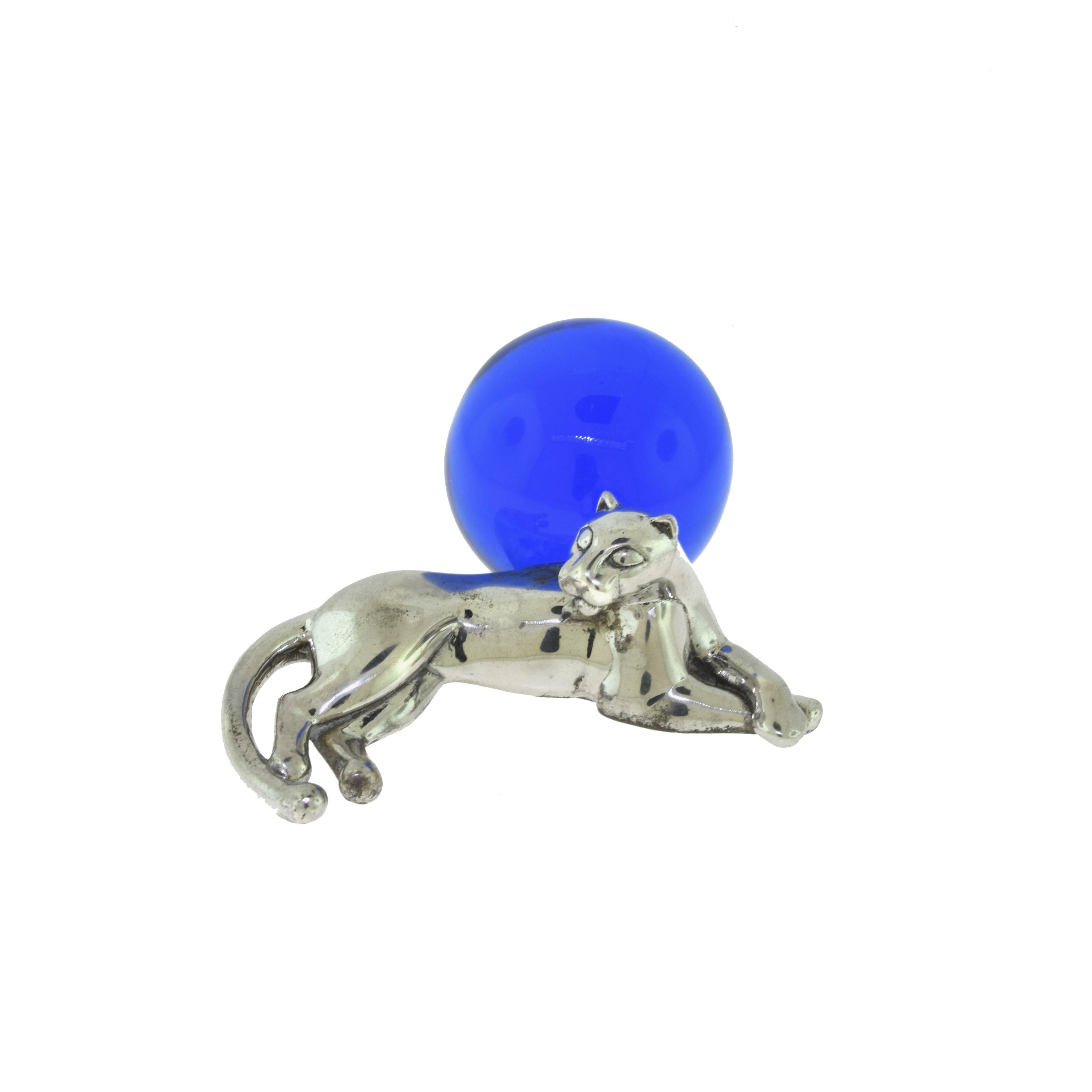 Cartier Silver and Blue Crystal Glass Panther Desk Set Paperweight Ornaments In Fair Condition For Sale In Miami, FL