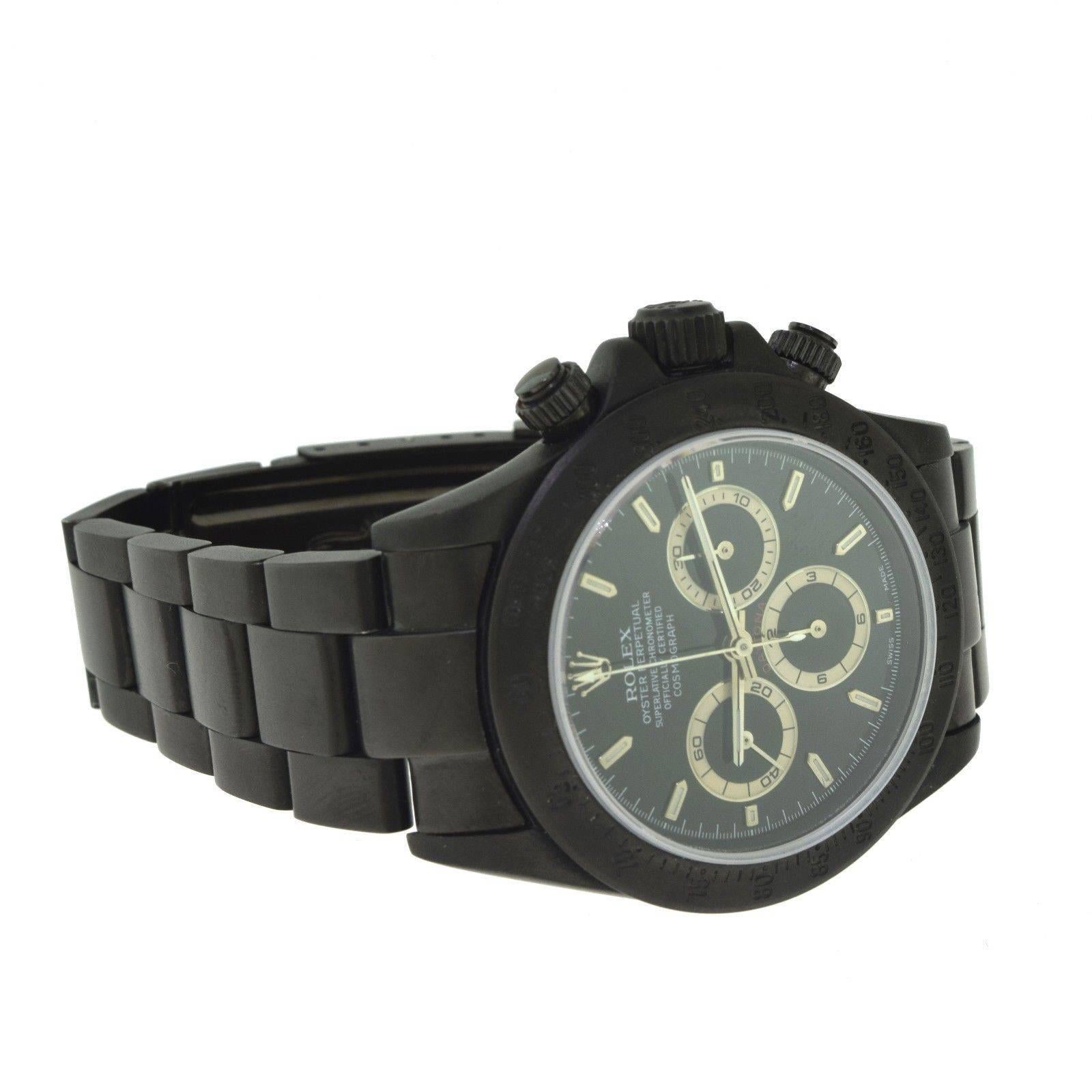 This is a Bamford Watch Department custom black out Daytona. A gorgeous Rolex watch. The Rolex Daytona is the most iconic sports watch ever. It is instantly recognizable, highly coveted, extremely liquid and best of all: extremely comfortable to