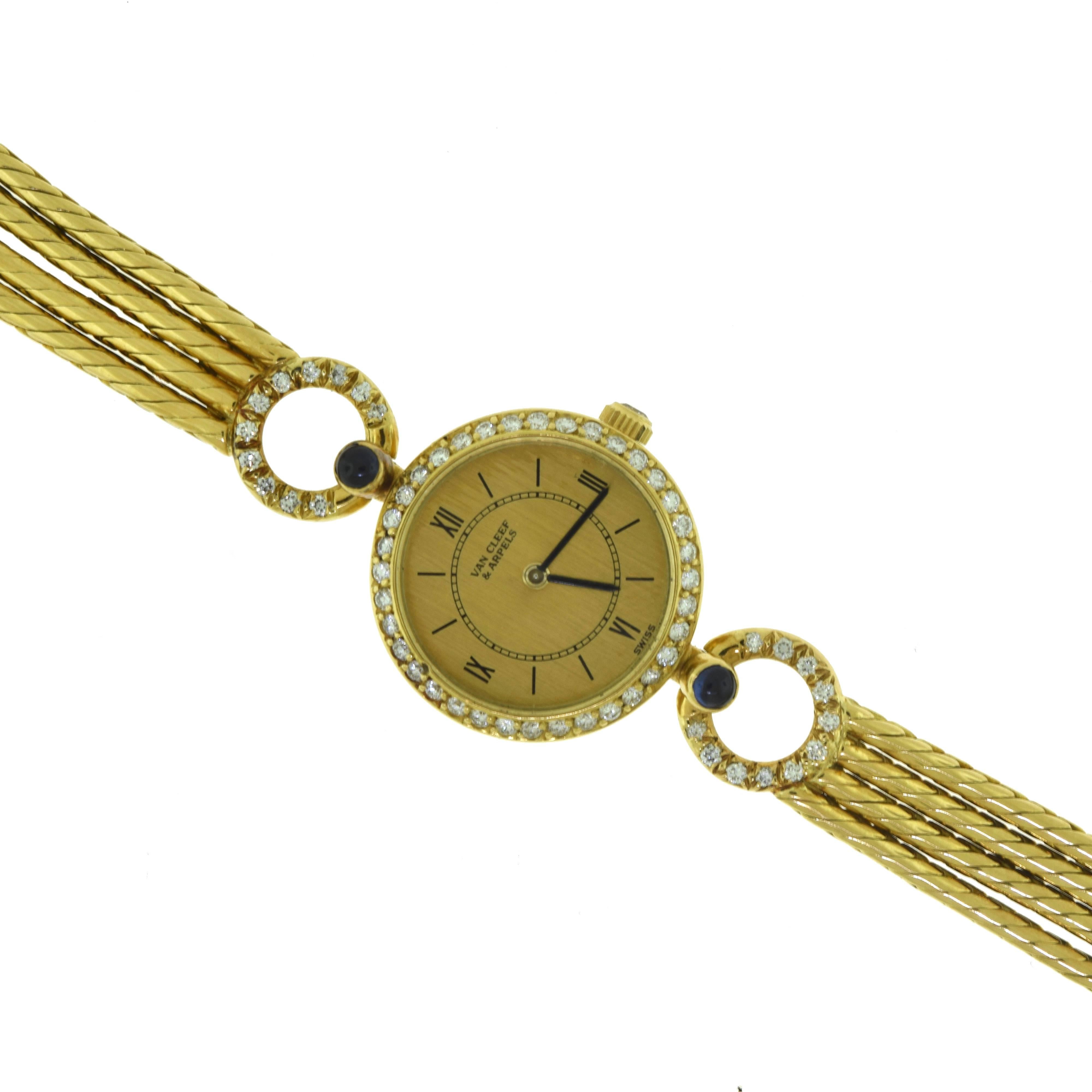 Vintage 1990 Van Cleef & Arpels 18k Yellow Gold Watch with Diamonds and Sapphire In Good Condition For Sale In Miami, FL