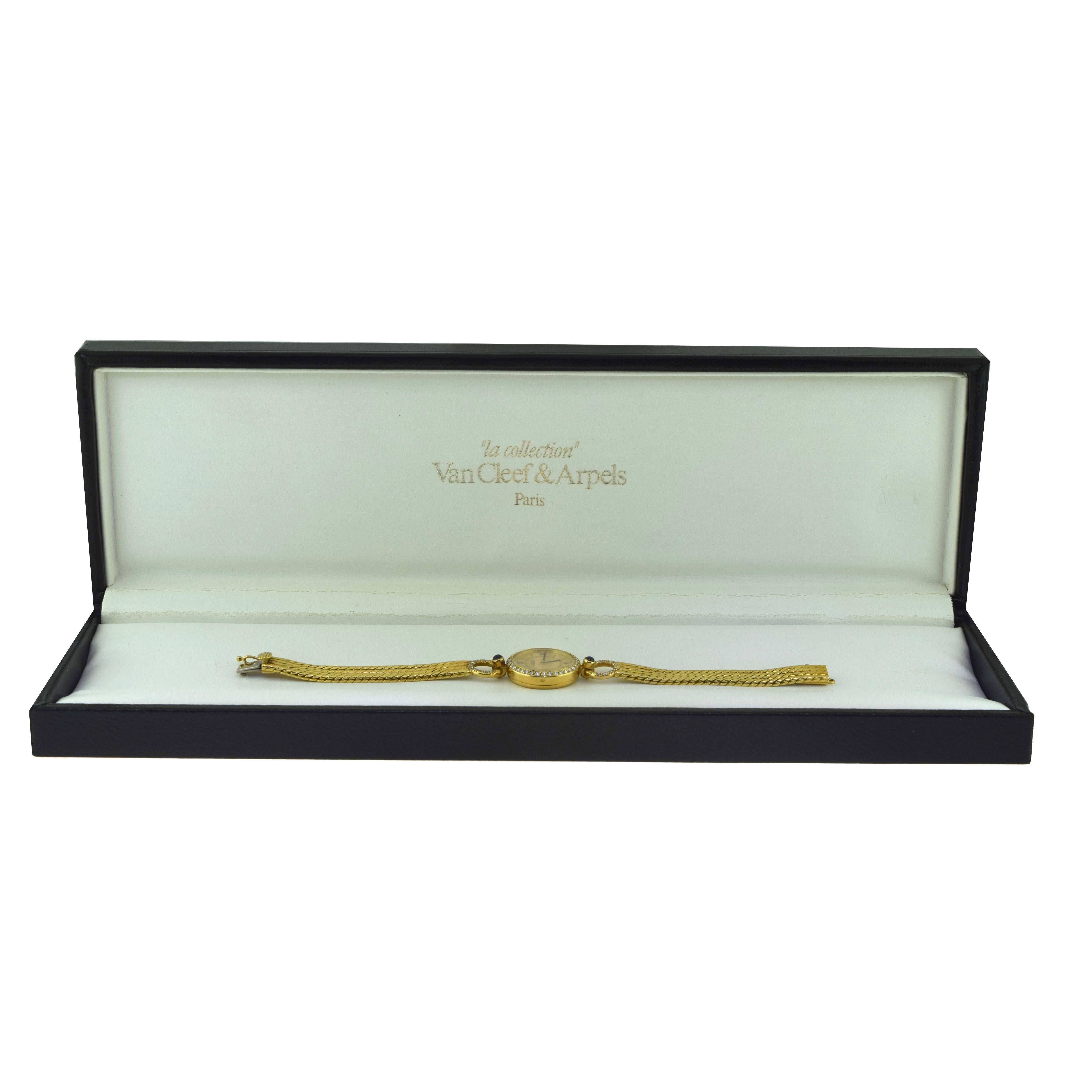 Vintage 1990 Van Cleef & Arpels 18k Yellow Gold Watch with Diamonds and Sapphire For Sale 1