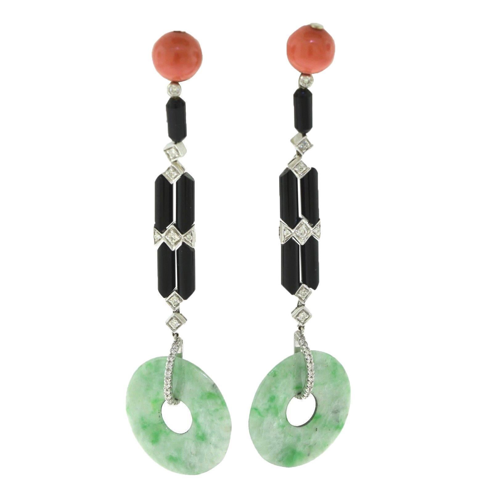 Natural Red Coral, Diamond, Black Onyx, and Jade Disc White Gold Dangle Earrings For Sale