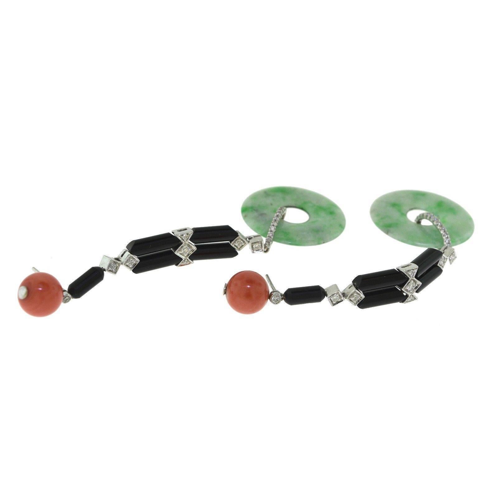 Natural Red Coral, Diamond, Black Onyx, and Jade Disc White Gold Dangle Earrings In Good Condition For Sale In Miami, FL