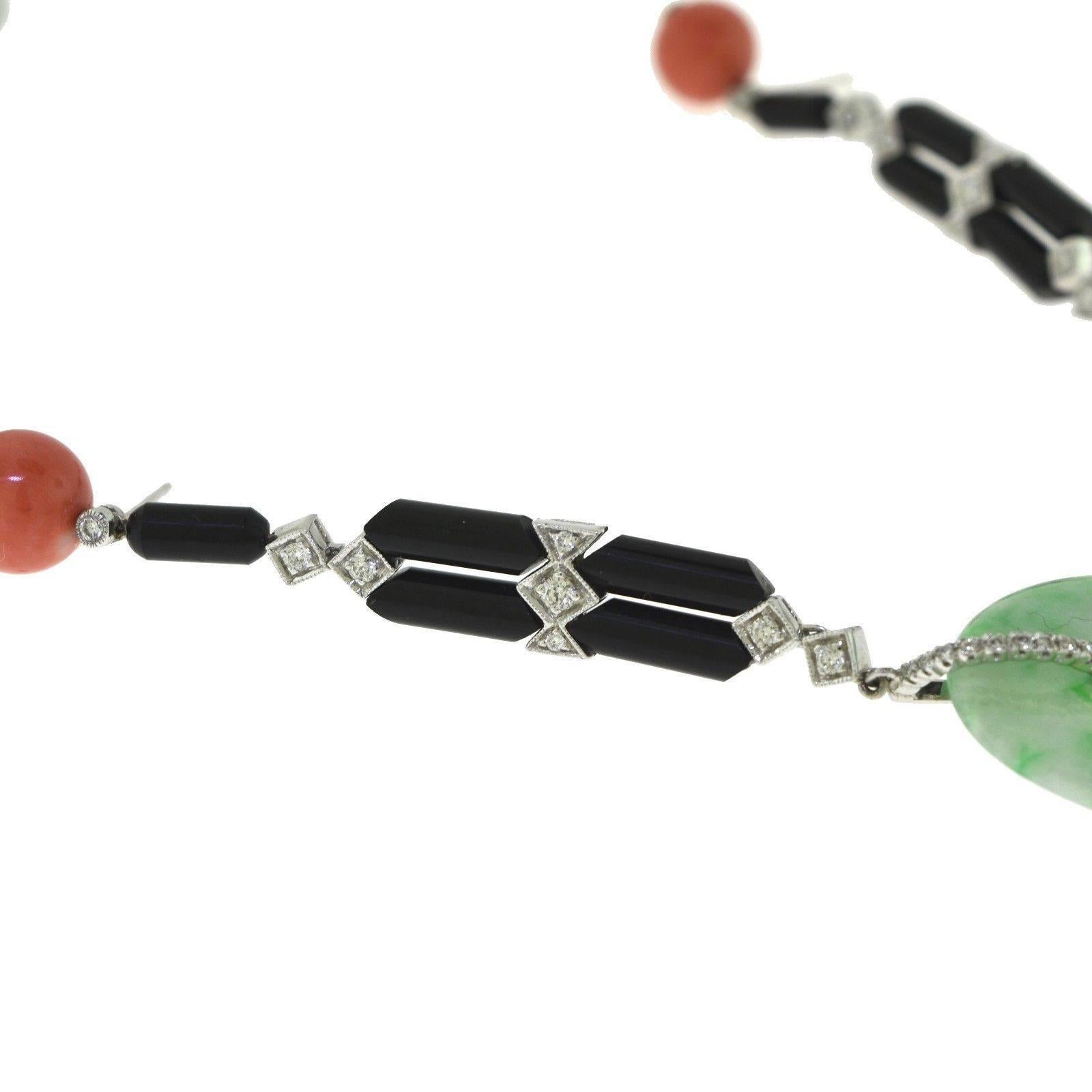 Women's Natural Red Coral, Diamond, Black Onyx, and Jade Disc White Gold Dangle Earrings For Sale