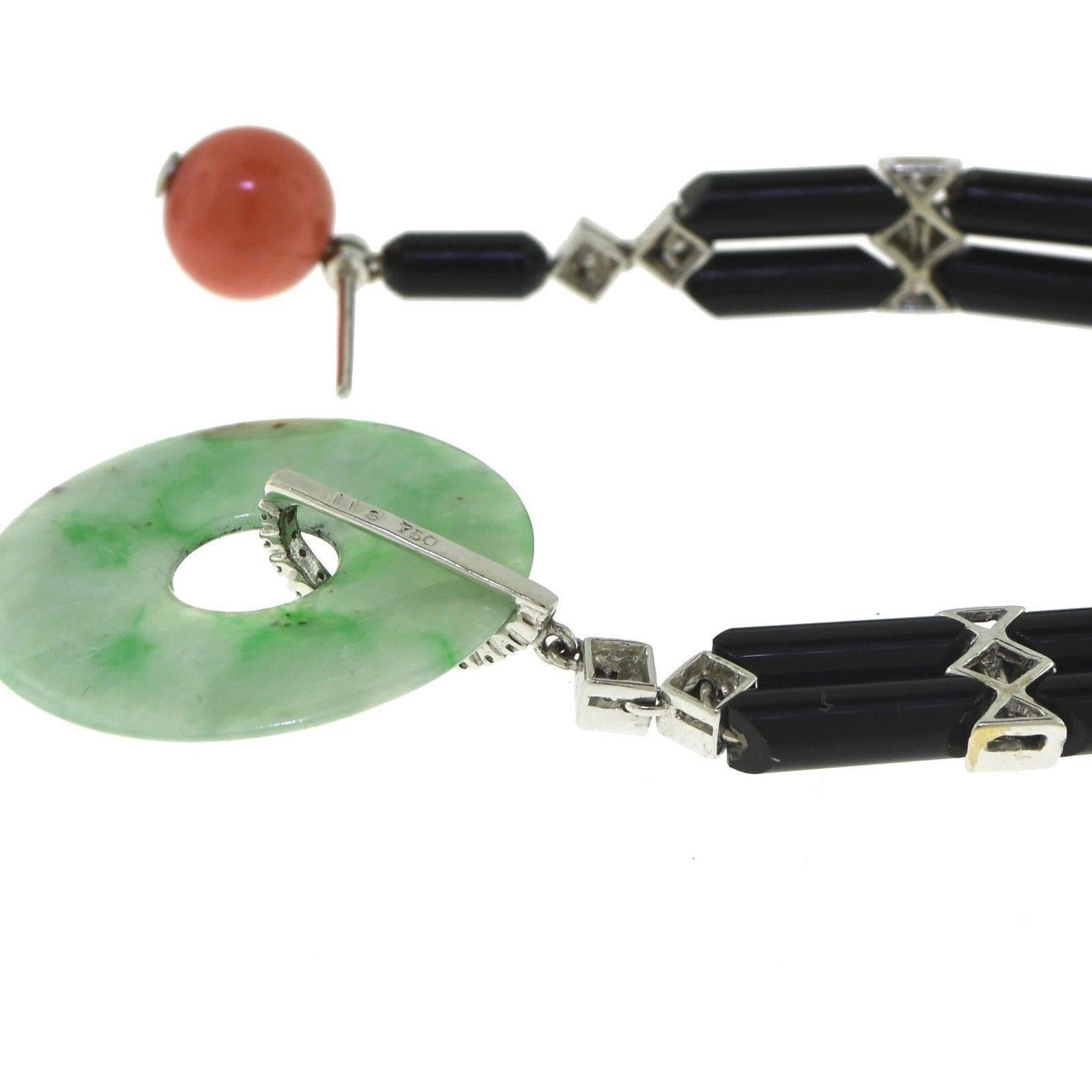 Natural Red Coral, Diamond, Black Onyx, and Jade Disc White Gold Dangle Earrings For Sale 1