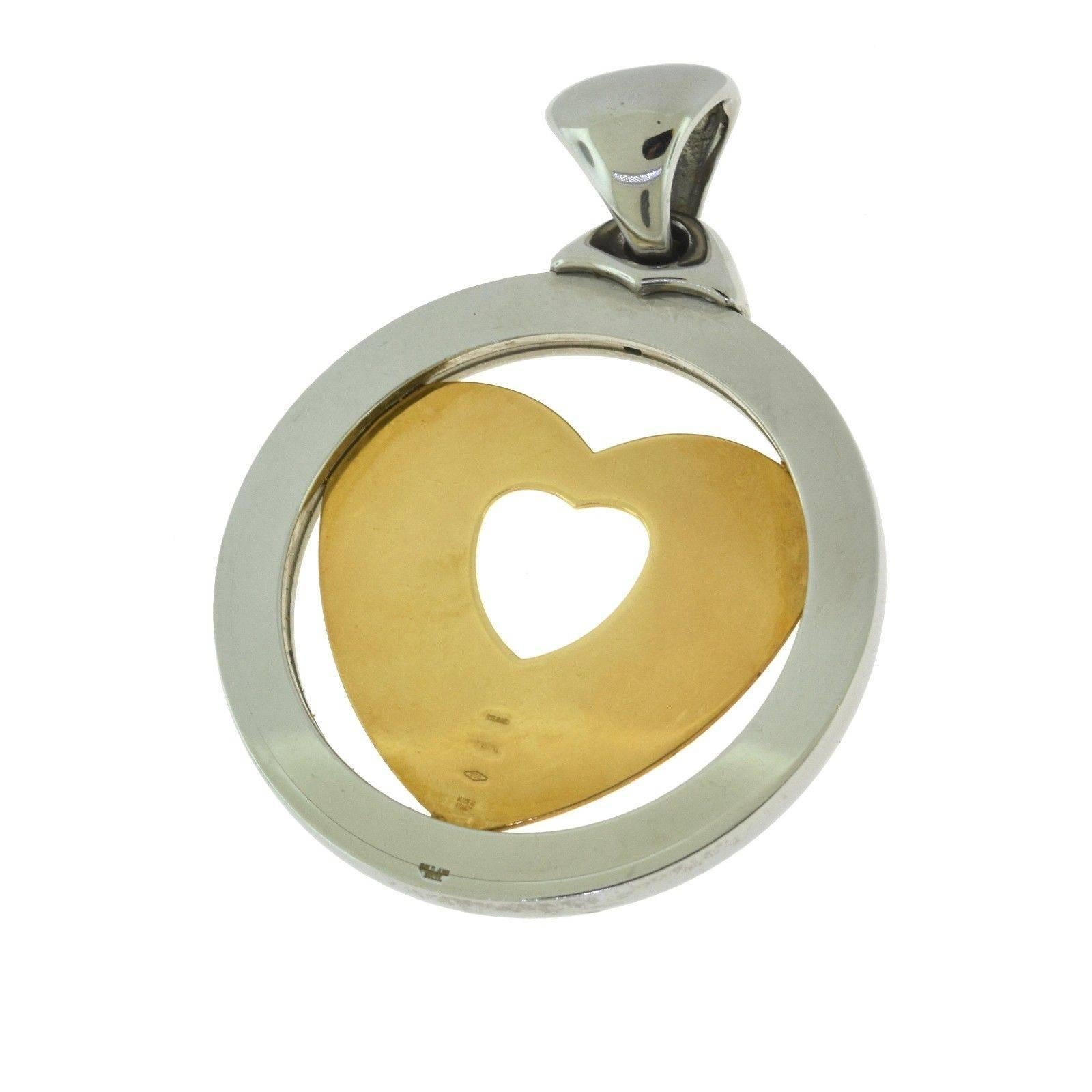 Women's or Men's Bvlgari Tondo Large Round Heart Yellow Gold and Steel Pendant with Leather Chain For Sale