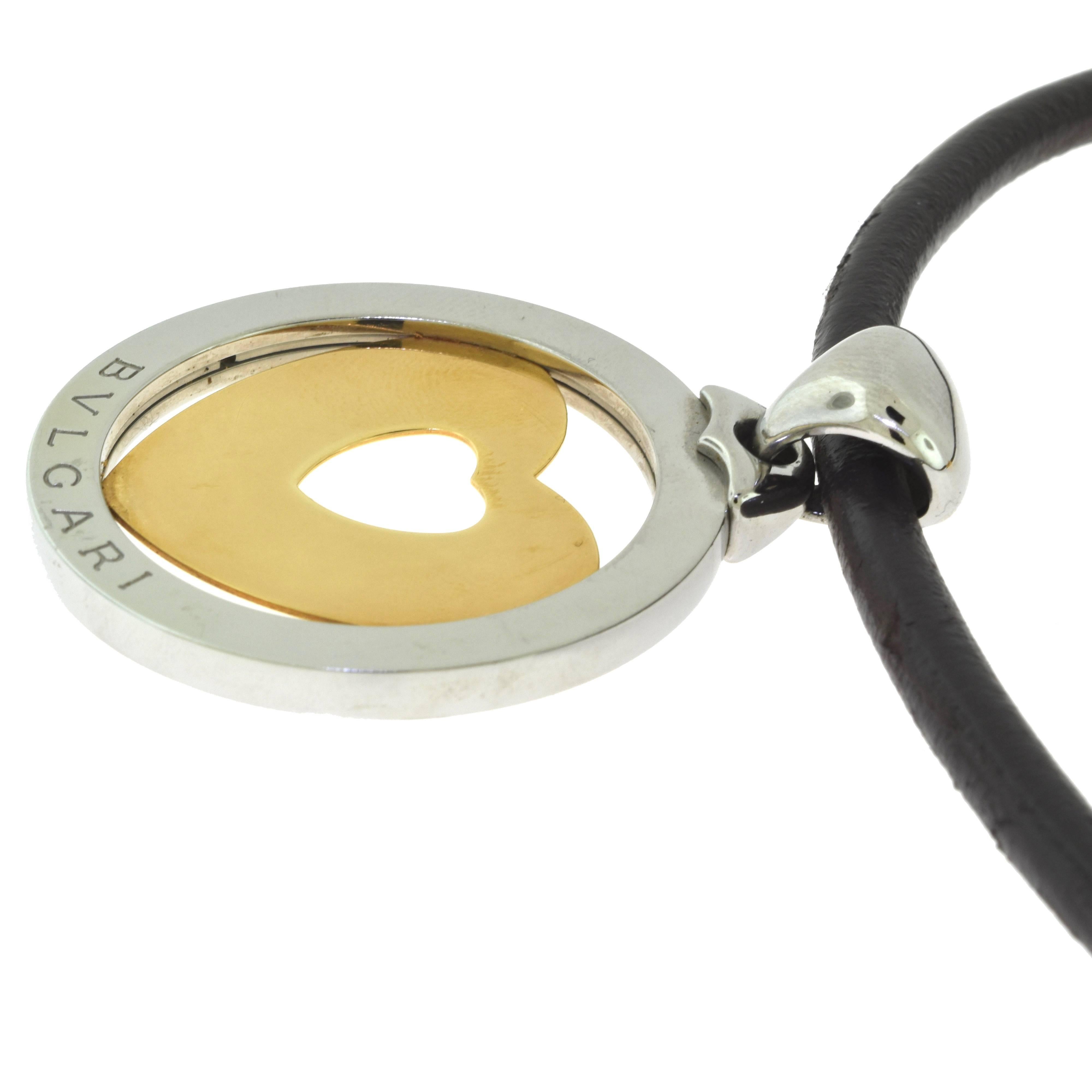 Designer: Bvlgari
Collection: Tondo
Style: Pendant
Theme: Heart
Metal: 18k Yellow Gold ; Stainless Steel
Total Item Weight (g): 25.5 (just the pendant) ; 41.3 (with leather chain)
Chain: Dark Brown Leather
Chain Length: 14.75 inches
Diameter: