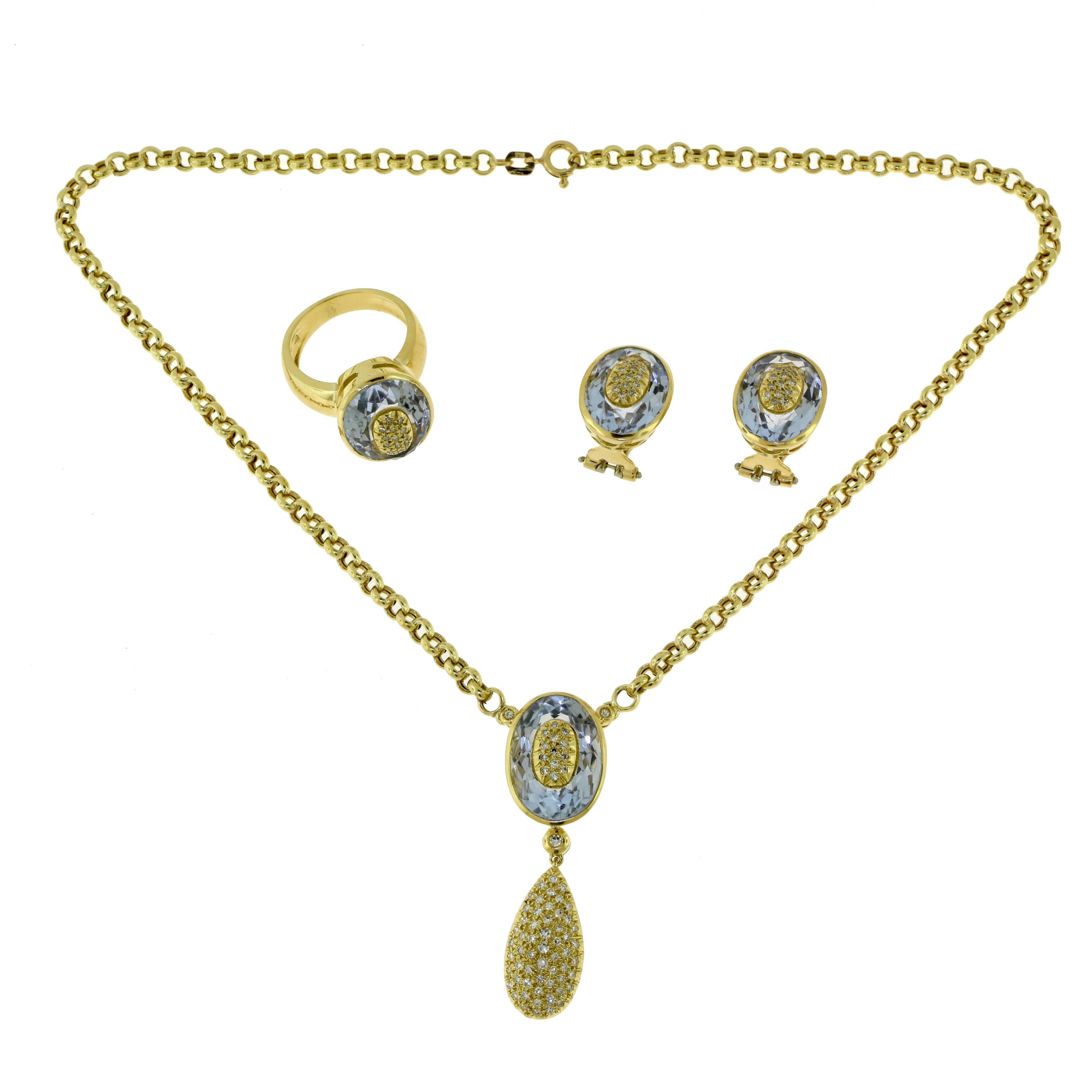 Aquamarine and Diamond Yellow Gold Three-Piece Earring, Necklace and Ring Set For Sale