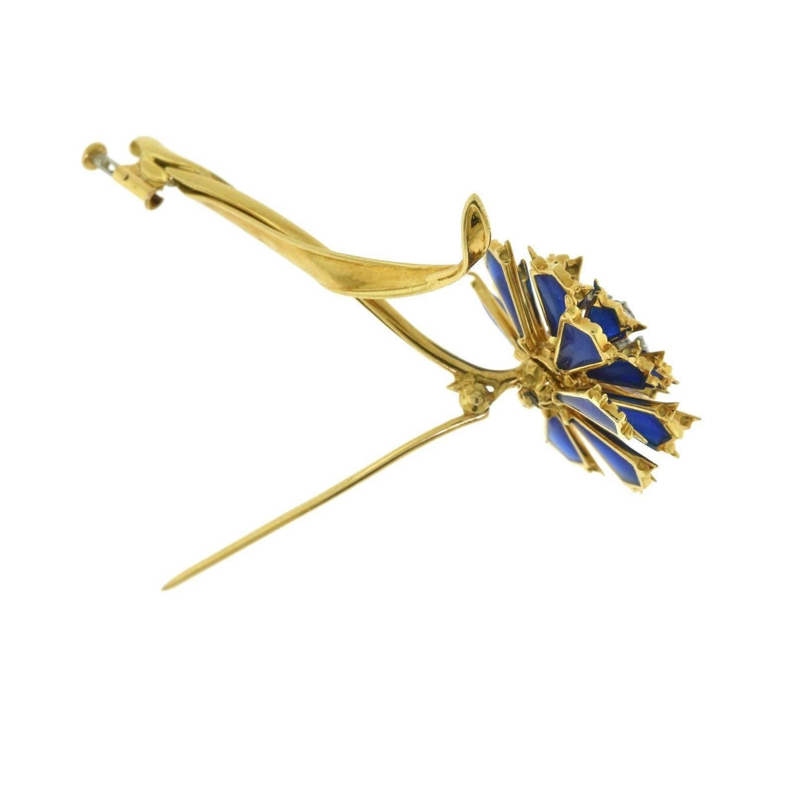 Estate Plique-à-Jour Blue Enamel and Diamond Gold Long Flower Brooch For Sale 3