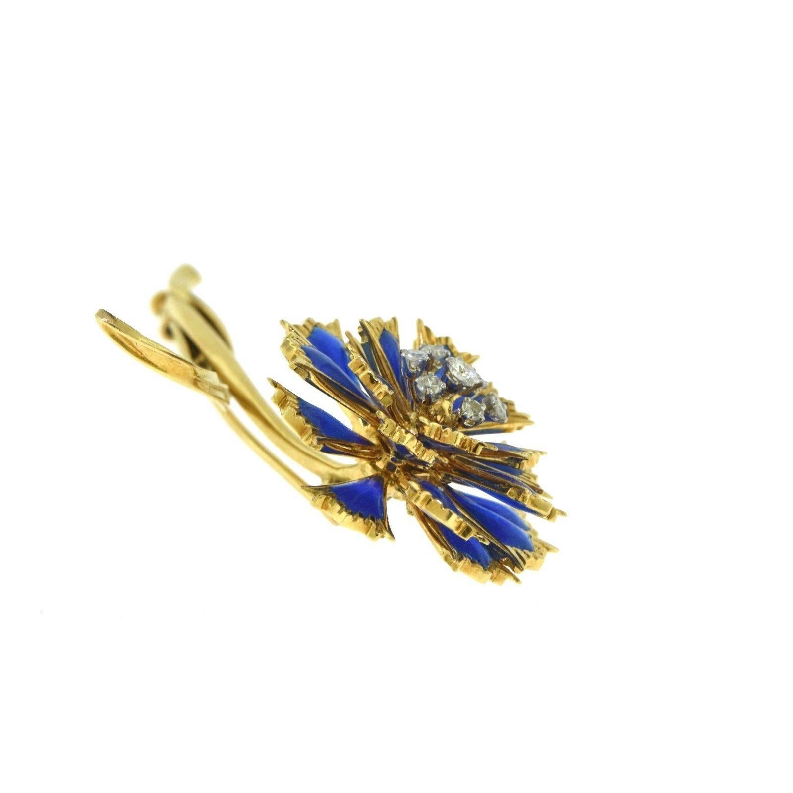 Women's or Men's Estate Plique-à-Jour Blue Enamel and Diamond Gold Long Flower Brooch For Sale