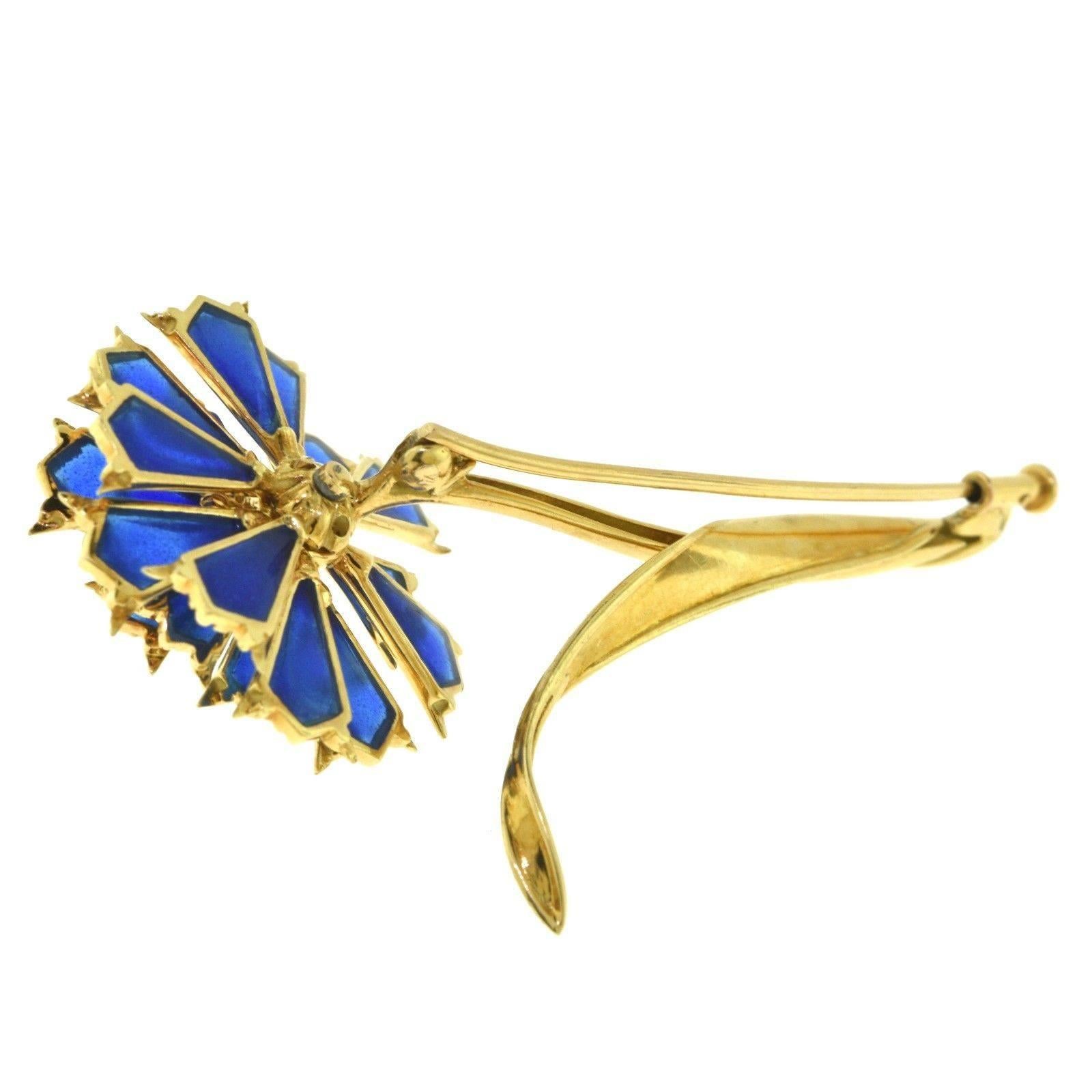 Estate Plique-à-Jour Blue Enamel and Diamond Gold Long Flower Brooch In Fair Condition For Sale In Miami, FL