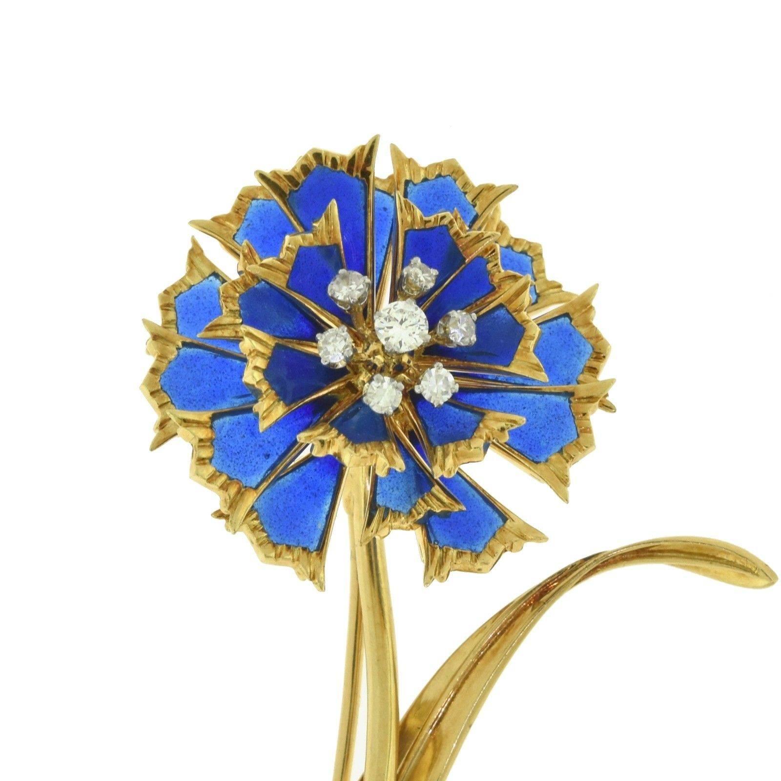 Style: Plique-a-Jour Brooch / Pin
Metal: Yellow Gold
Metal Purity: 18k
Non-Metal Material: Blue Enamel 
Stones: 7 Round Diamonds
Total Carat Weight: 0.45 ct
Diamond Color: H
Diamond Clarity:  VS
Total Item Weight (g): 13.7
Flower Diameter:  approx.