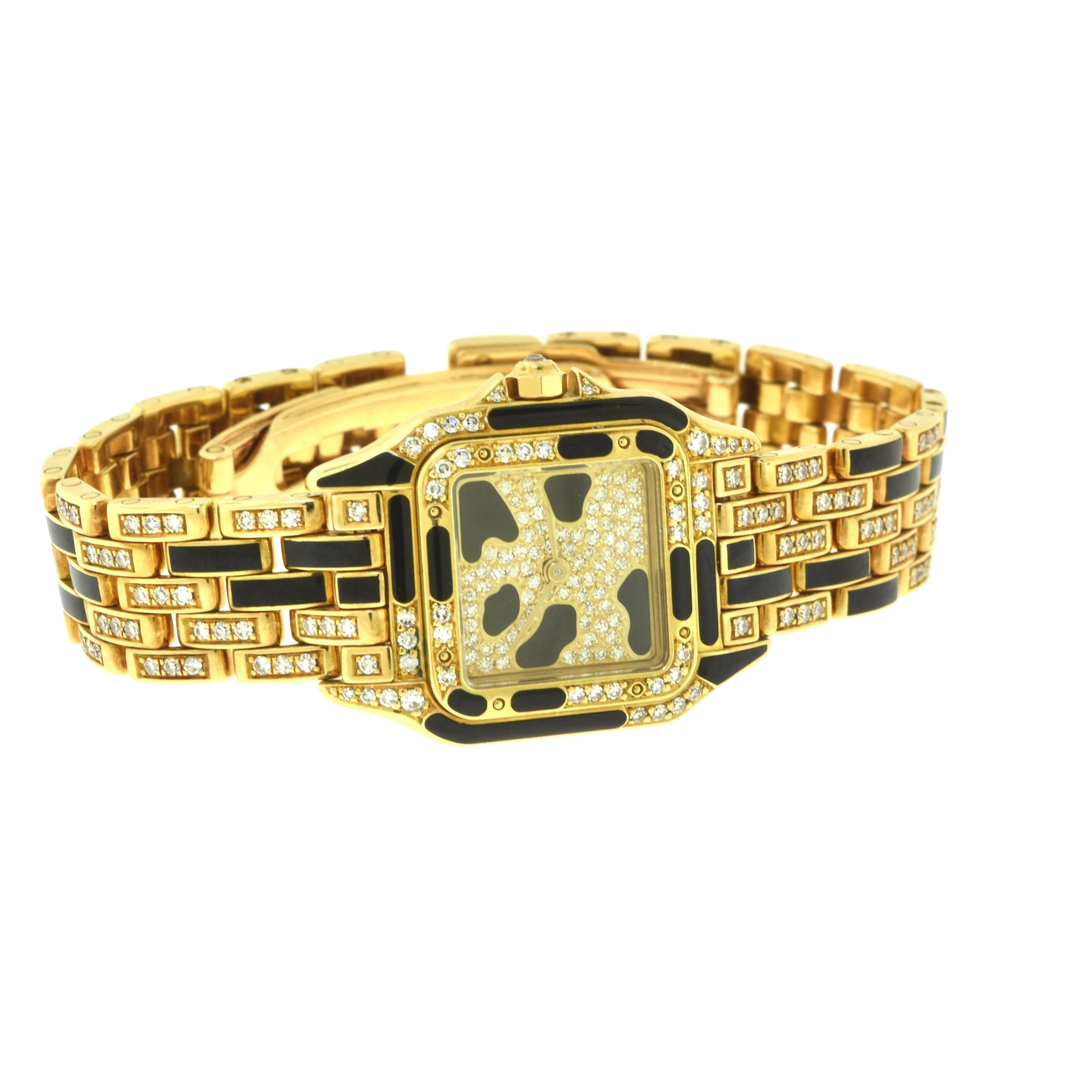 Cartier Panthère de Cartier Yellow Gold, Enamel, Diamond Ladies Quartz Watch In Excellent Condition For Sale In Miami, FL