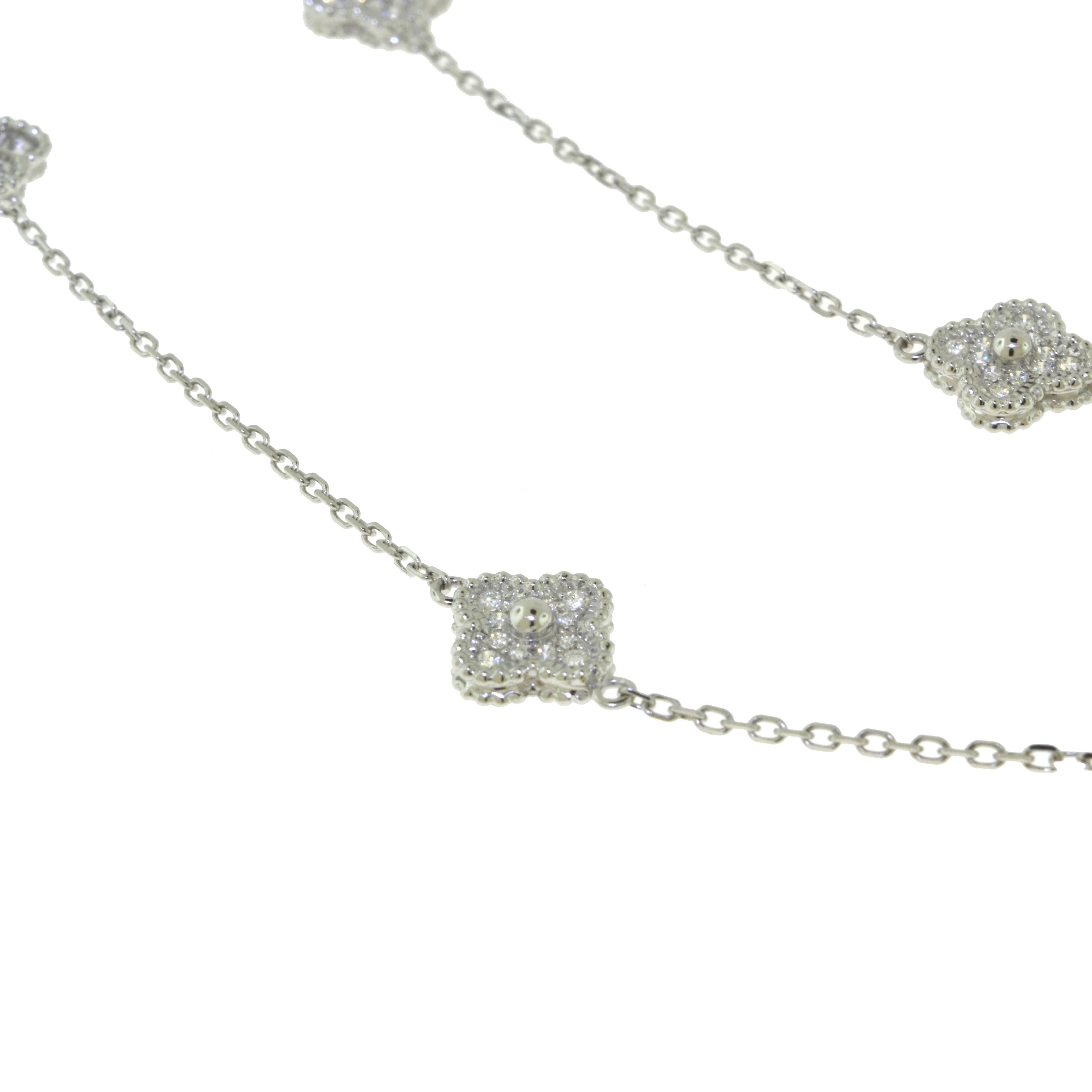 Women's or Men's 18k White Gold Diamond Mini Four Leaf Clover 16 Motif Very Long Necklace