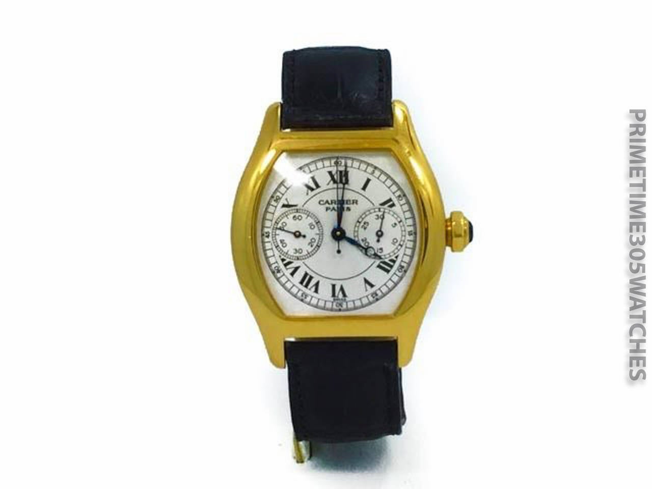Mens Cartier Privee Tortue Monopoussoir Single Button Chronograph Watch in 18k Yellow Gold On Leather Strap & 18k Cartier Deployment Buckle. The Watch is In Excellent Condition and Works Great. Included with The Watch is a Cartier Box.