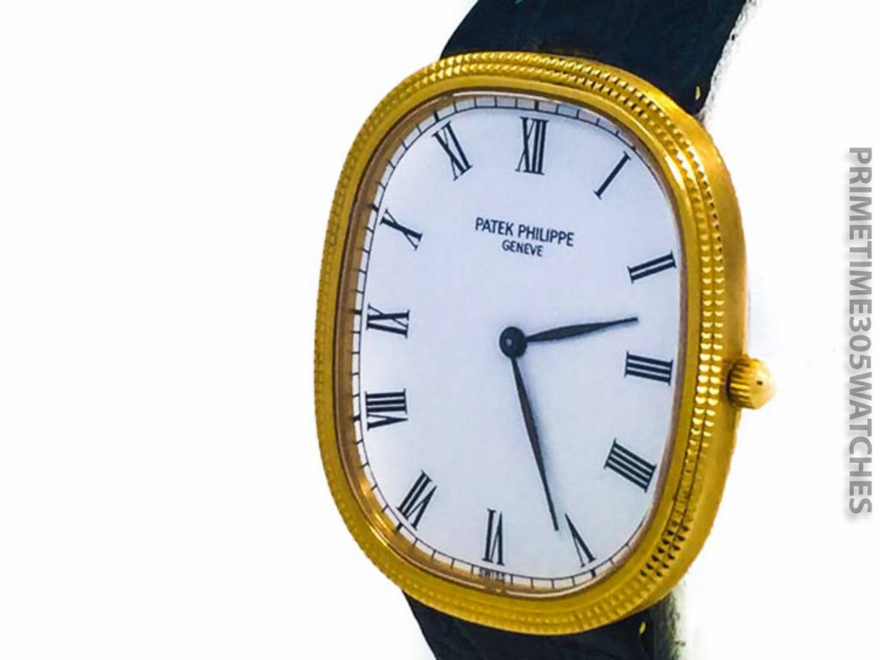 Rare Mens Patek Philippe Ref 3958 Jumbo Automatic Ellipse W/ Hobnail Bezel in 18k Yellow Gold. The Watch is in Excellent Condition and Keeping Perfect Time,Movement is Powered by Automatic Winding. The Watch is on a Patek Band & Generic Plated