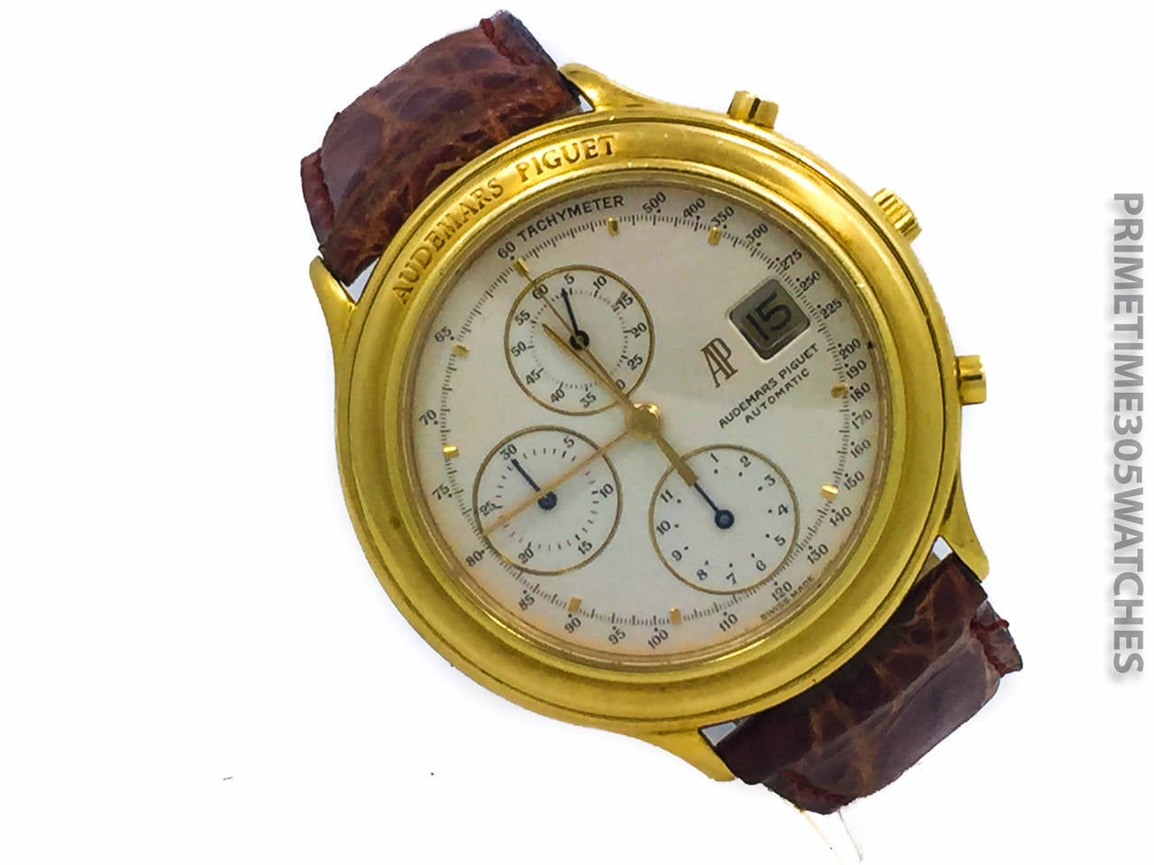 Mens Audemars Piguet Huitieme 40mm 18k Yellow Gold Chronograph Watch. Features a Automatic Winding Movement. The Watch is on a AP Strap & AP 18k Deployment Buckle. Note: Strap Fits Around a 7 Inch Wrist.