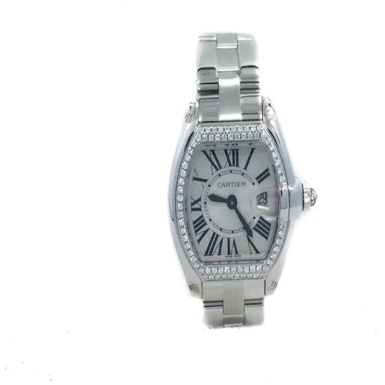 Ladies (30mm) Cartier Roadster 18k White Gold Watch W/ Factory Diamond Bezel On 18k Bracelet , Ref WE5002X2. The Watch is in Excellent Condition and is Working Perfectly, Movement is Battery Operated. Included with the Watch are also 18k White Gold