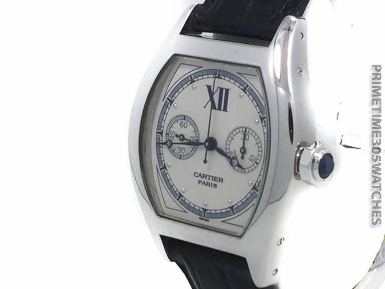 Mens Cartier Privee Tortue Monopoussoir Single Button Chronograph Watch in 18k White Gold On Leather Strap & 18k Cartier Deployment Buckle. The Watch is In Excellent Condition Working Great, Movement is Operated by Mechanical Winding. Included with