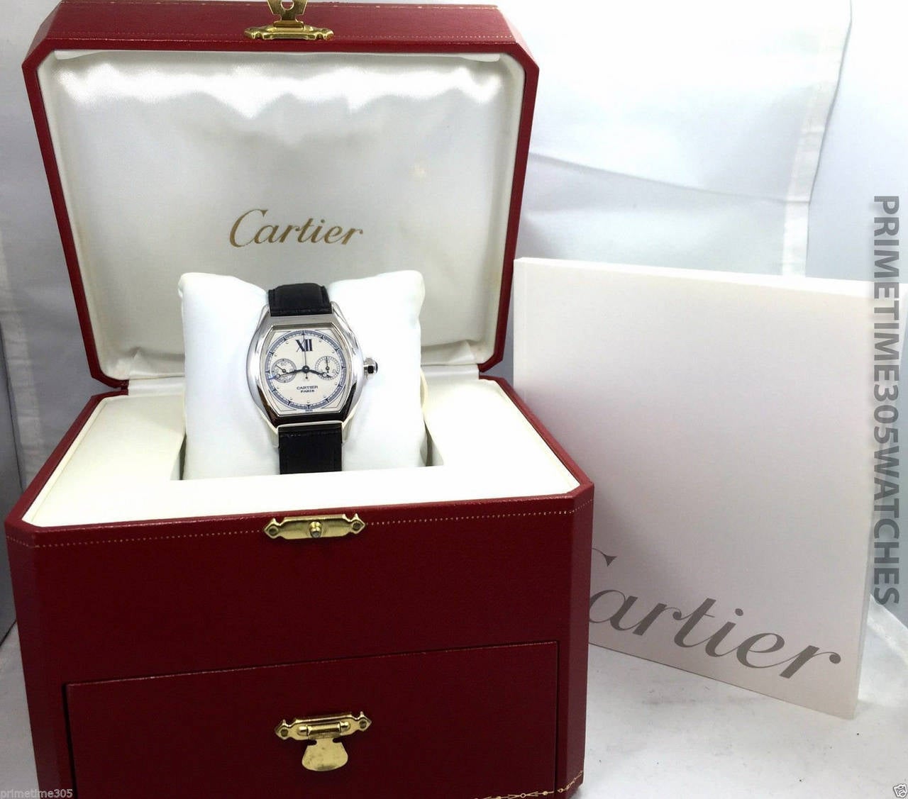 Modern Mens Cartier White Gold Tortue Single Button Chronograph Wristwatch