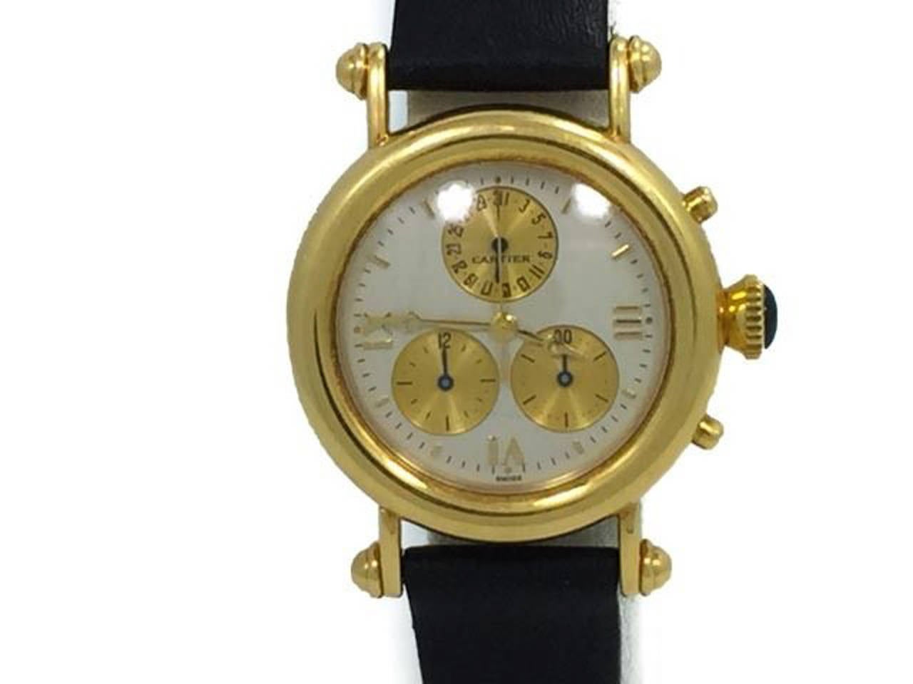 Mens Cartier Diabolo Chronograph Watch in Solid 18k Yellow Gold. The Watch is In Excellent Condition and Keeping Great Time, the Movement is Battery Operated. Band and Buckle are Generic. Included is a Cartier Pouch.