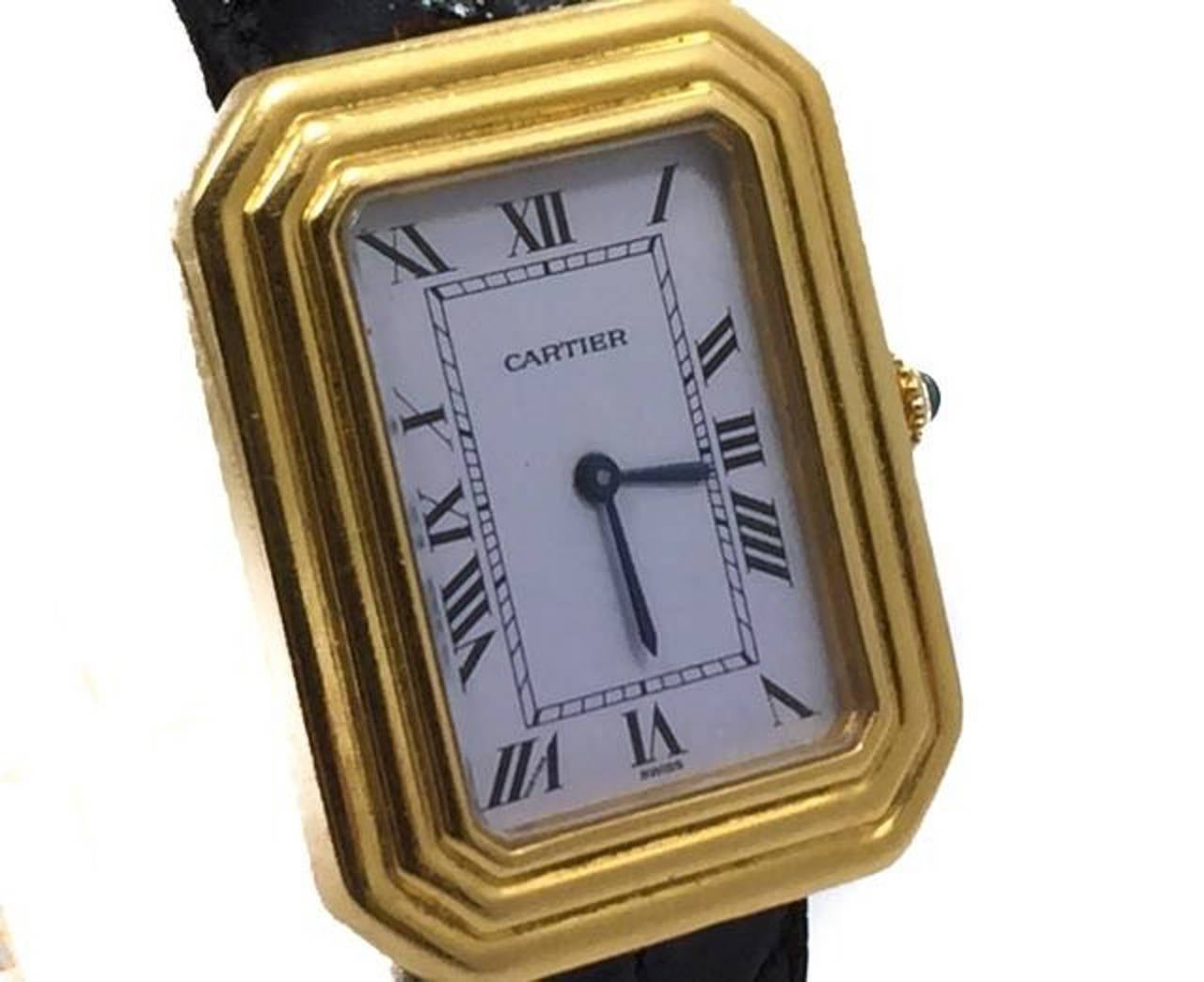 Mens Vintage Cartier XL Tank CRISTALLOR in 18k Solid Yellow Gold Watch on Cartier Strap w/ 18k Deployment Buckle. The Watch Is in Great Condition and Its Mechanical Wind Movement is Keeping Great Time. Sorry I do not have box or papers.