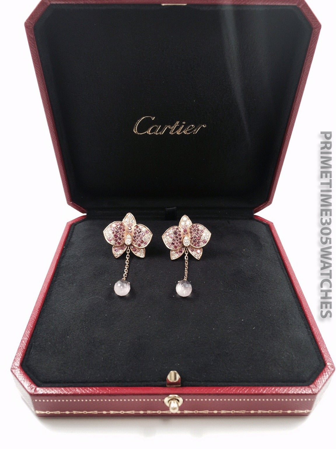 Cartier CARESSE D'ORCHIDÉES 18K Pink Gold Earrings set with Diamonds, Pale Pink Sapphires, Rhodolite Garnets, dark Pink Tourmalines and a Single Pink Quartz Briolette Cut Drop.
