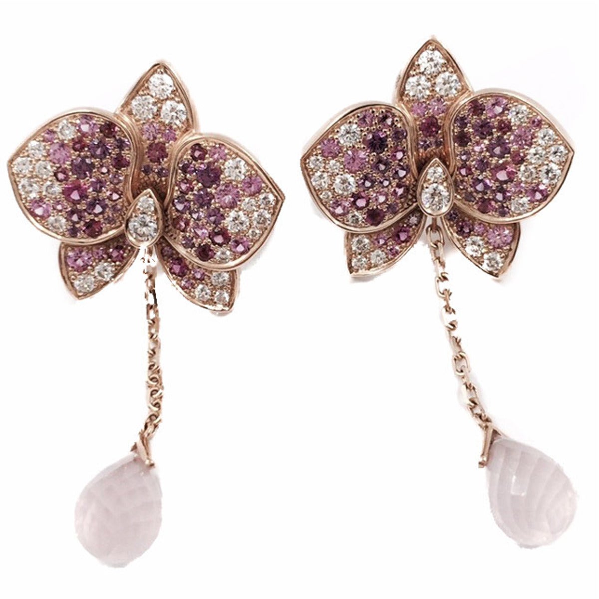 Cartier Caresse d'Orchidees Gemstone Diamond Gold Drop Earrings