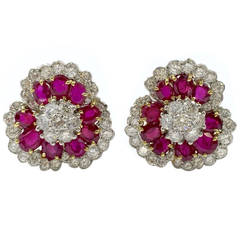 Van Cleef & Arpels Ruby Diamond Gold Platinum Camellia Earrings