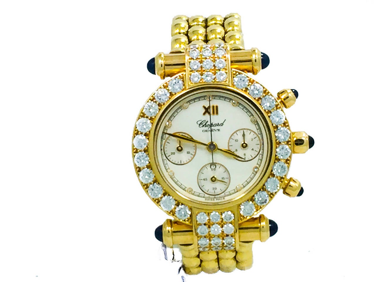 Ladies (32mm) Chopard Imperial 18k Yellow Gold Chronograph Watch W/ Diamond Bezel (3.24 ct) on Bracelet. The Watch is in Great Condition and All Functions Work Perfectly, Movement is Battery Operated. The Watch Bracelet will Fit appx up to a  6-1/4