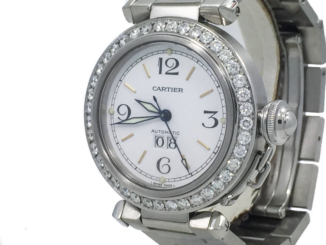 Women's Cartier Lady's Stainless Steel Diamond Bezel 35mm Pasha Big Date Wristwatch