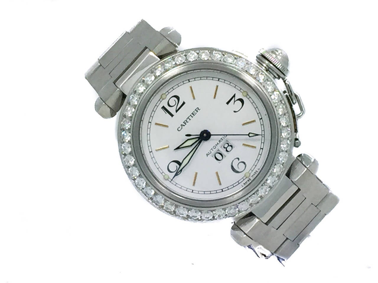 Cartier Lady's Stainless Steel Diamond Bezel 35mm Pasha Big Date Wristwatch In Excellent Condition In Miami, FL