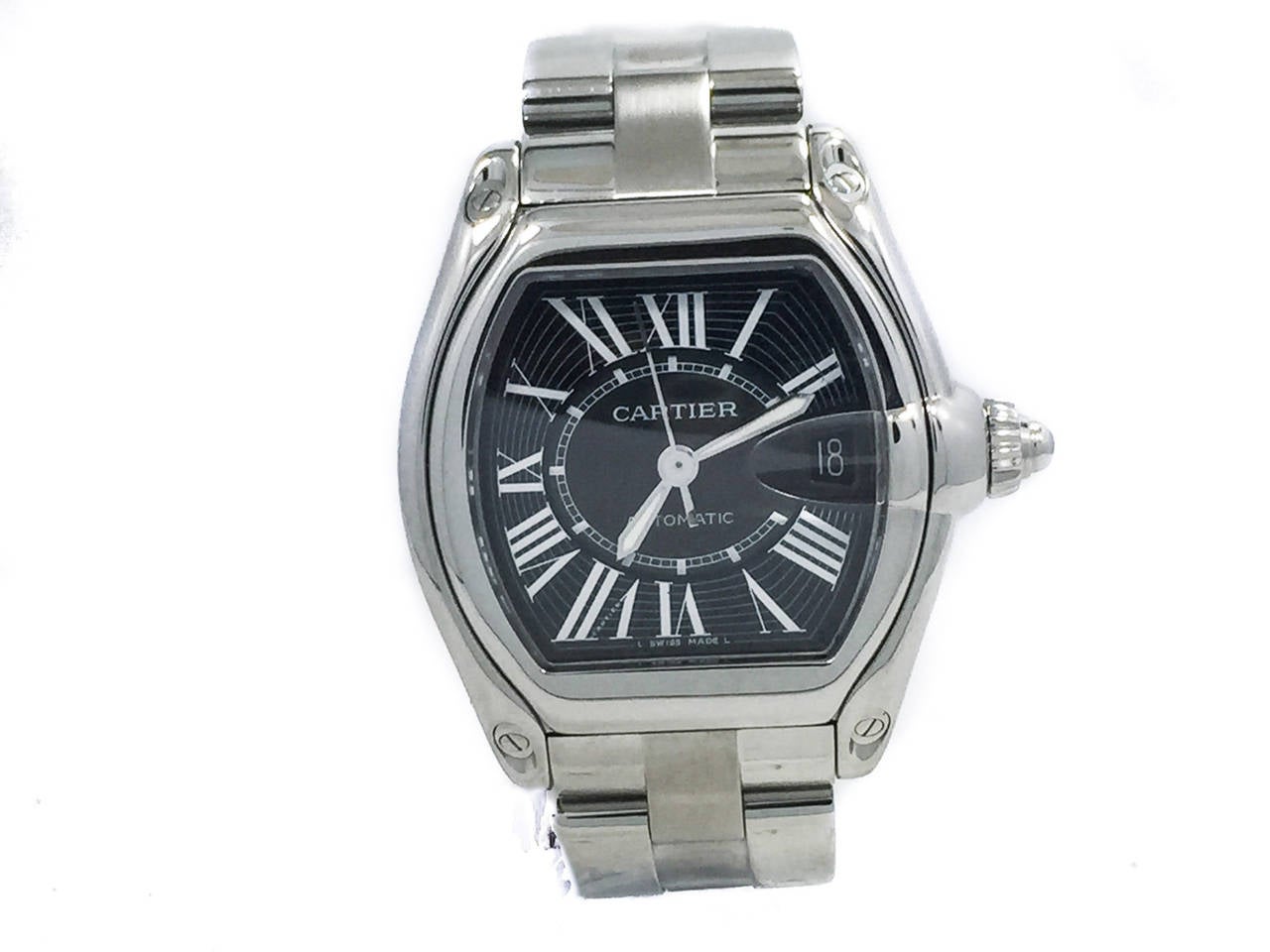 Mens Cartier Roadster in Stainless Steel W/ Black Dial on Bracelet, Ref W62041V3, Retails $7,300. The Watch is in Excellent Condition & Working Great, Movement is Powered by Automatic Mechanical Winding. Included with the Watch are its Box, Full