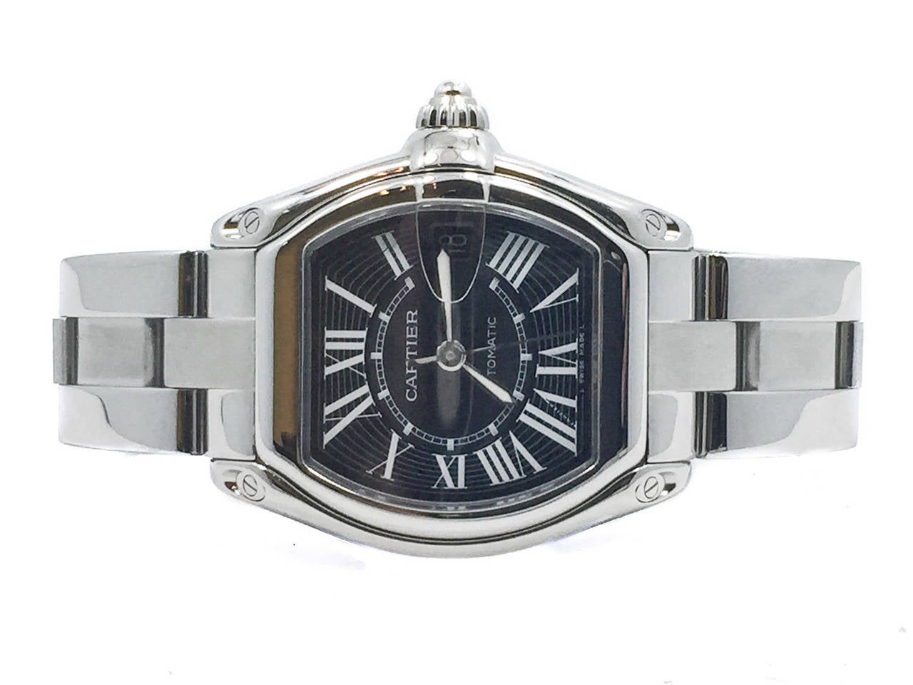 Cartier Stainless Steel Roadster Black Dial Automatic Wristwatch Ref W62041V3 In Excellent Condition In Miami, FL