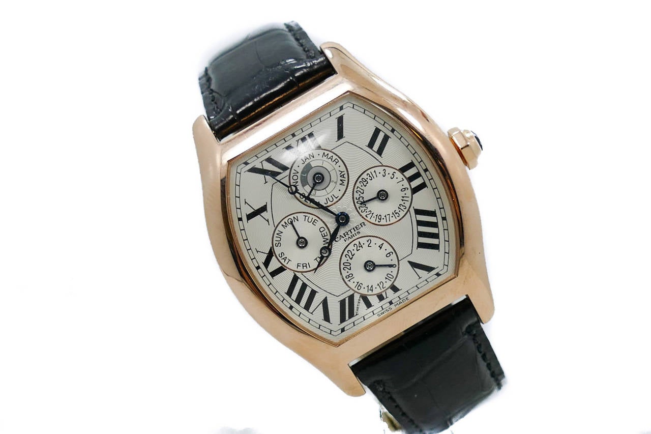 Cartier Rose Gold Tortue Perpetual Calendar XL Automatic Wristwatch In Excellent Condition In Miami, FL