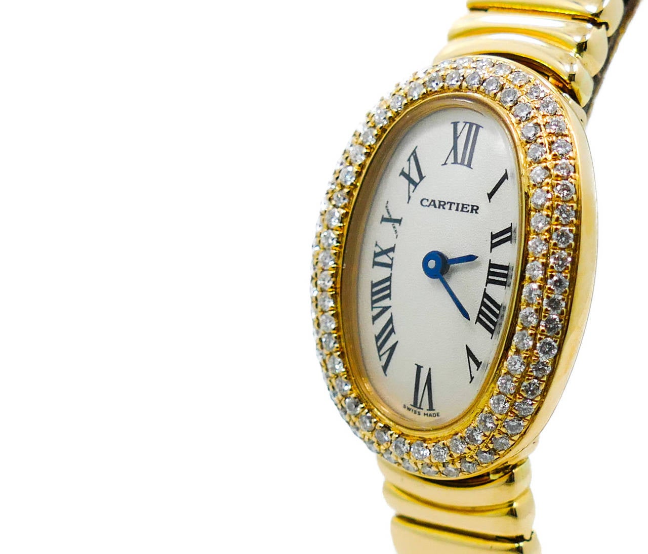 Women's Cartier Lady's Yellow Gold Factory Diamond Bezel Baignoire Mini Wristwatch