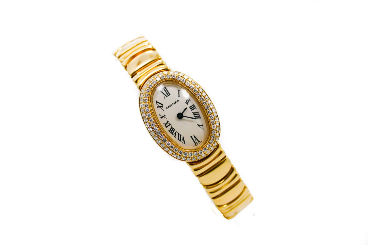 Cartier Lady's Yellow Gold Factory Diamond Bezel Baignoire Mini Wristwatch In Excellent Condition In Miami, FL