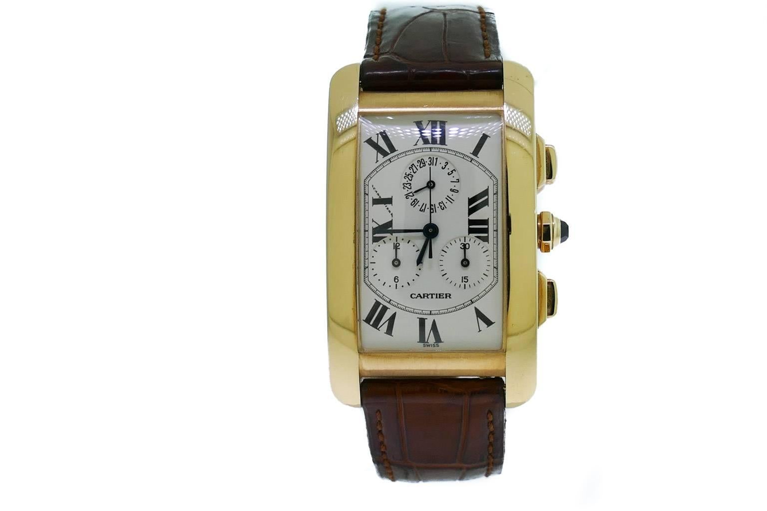 Cartier Yellow Gold Tank Americaine Chronograph Wristwatch In Good Condition In Miami, FL