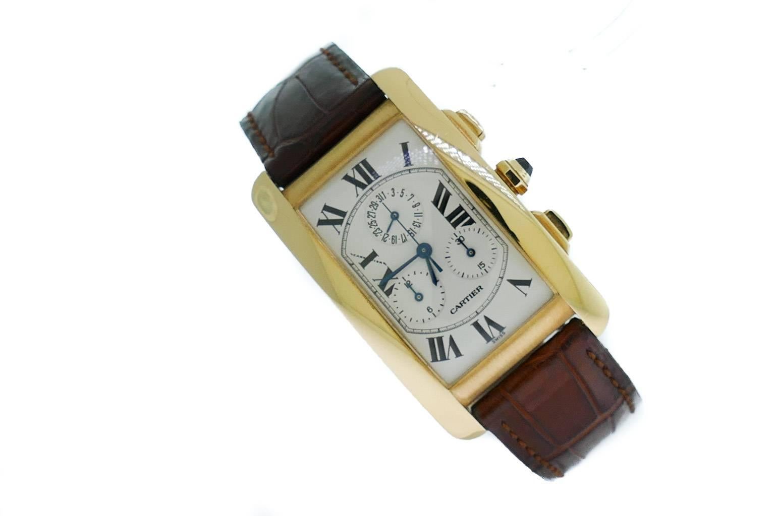 Mens Cartier Tank Americaine Chronograph 18k Yellow Gold Watch Mens Cartier Tank Americaine Chronograph 18k Yellow Gold Watch For Sale is a Mens (29x45mm) Cartier Tank Americaine Chronograph 18k Yellow Gold Watch, Ref W2605856, Retails $19,600. The