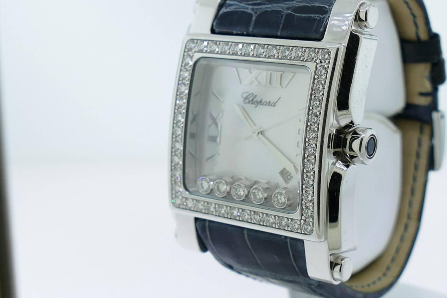 Chopard lady's White gold diamond Happy Sport XL Square wristwatch In Excellent Condition In Miami, FL