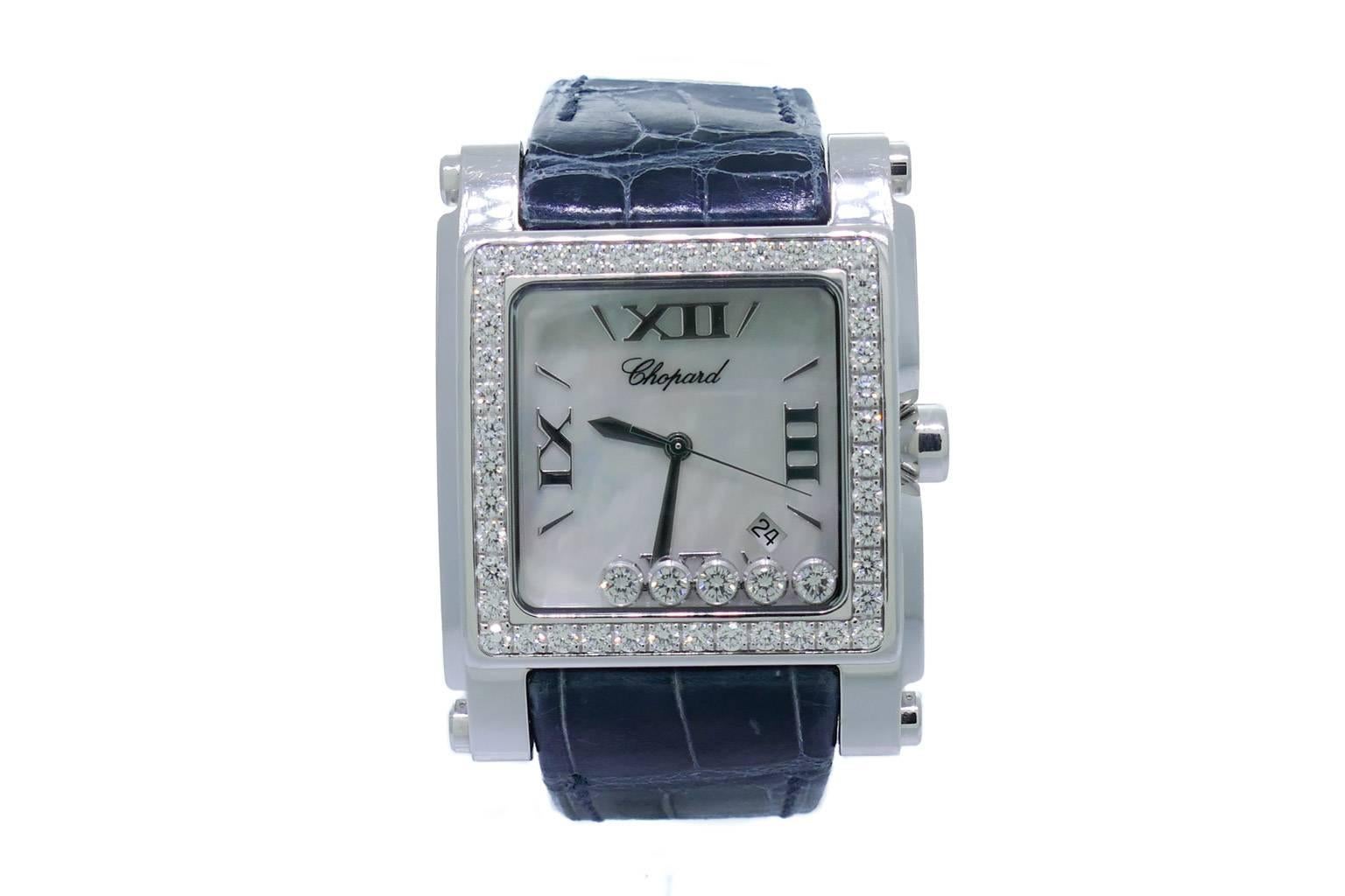 Ladies Chopard Happy Sport XL (35x47mm) Diamond (2.43CT) 18k White Gold Square Shaped Watch W/ Mother of Pearl Dial, Ref 28/3569-20. The Watch is Officially New Old Stock though it Does Have Some Superficial Scratches and Wear to the Strap. The